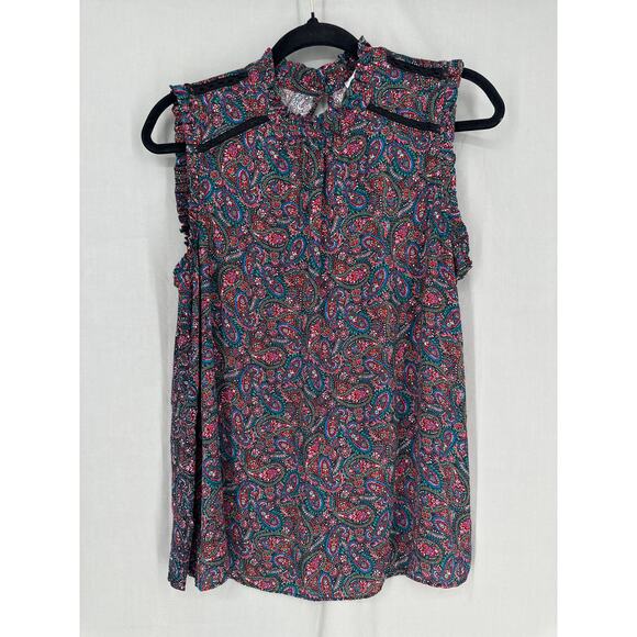 Loft Top Womens Medium Black Paisley Colorful Ruffle Sleeveless Boho Crochet Red - Picture 1 of 7